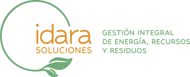 Logotipo de Idara Soluciones, un círculo acabado en una hoja verde rodeando el texto idara soluciones, Gestión integral de energía, recursos y residuos